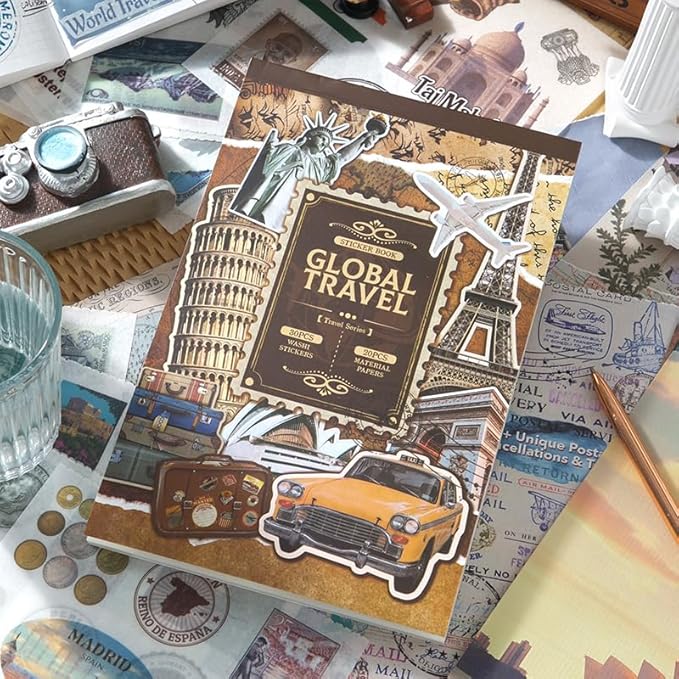 Prstincol Vintage Aesthetic Washi Stickers and Papers for Scrapbooking, 50 Sheets Ephemera Book for Art Journaling with Retro Global Travel Theme Stickers and Decoupage Papers for Junk Journal