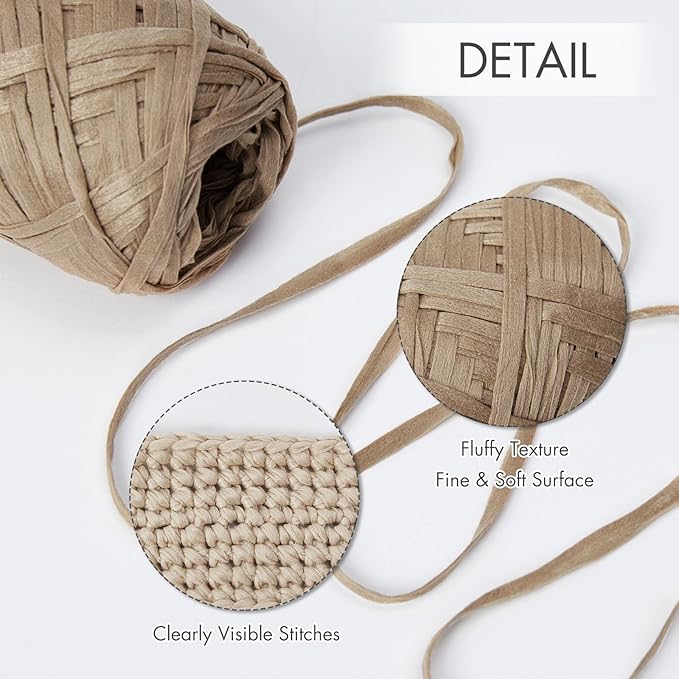 NICEEC 6 Skeins Soft Tape Yarn for Crocheting Craft Paper Yarn Easy Crochet Raffia Yarn Ribbon Yarn for DIY Craft Gift Wrapping Total Length 1.76oz×6/109yds×6-Khaki