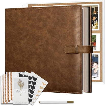 Vienrose 13x11 Inch 3 Ring DIY Scrapbook Album Gift Set, Faux Leather Cover Blank Scrapbooks Photobook with 50 Plastic Sleeves 100 Kraft Pages for Valentine Gift Wedding Family Anniversary DarkBrown