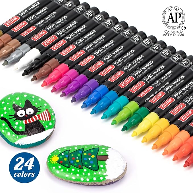 ZEYAR Oil-Based Paint Markers, Fine Point 24 Colors, AP Certified, Works on Rock painting, Wood, Glass, Metal, Ceramic and more (24 Colors Fine Point)