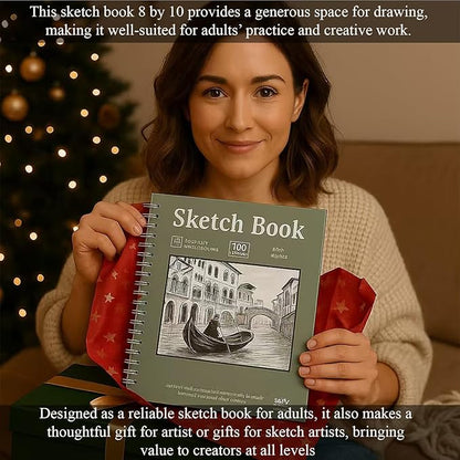 SuFly Spiral Bound Sketchbook 8x10, 100 Sheets Hardcover Sketch Books, 68lb/100gsm Sketch Paper, Sketch Pads for Drawing for Adults, Sketchbook for Art Class & School.