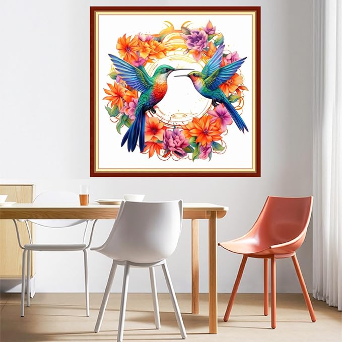 DMCVIVR Stamped Cross Stitch Kits for Beginners Adults Needlepoint Kits for Beginners Embroidery Kits for Adults Crossstitch Kit for Beginners 11CT-Flower Wreath Hummingbird 18x18 inchs