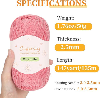 Coopay Skinny Chenille Yarn for Crocheting and Knitting, 12 Pack of 50g/1.76oz-1764yd Total, Soft Velvet Yarn of Baby Weights-Suitable for Baby Blankets, Plush Toys-Super Soft (Dark Pink Gradient)