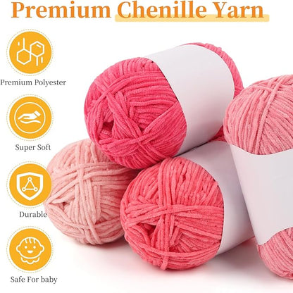 Coopay Skinny Chenille Yarn for Crocheting and Knitting, 12 Pack of 50g/1.76oz-1764yd Total, Soft Velvet Yarn of Baby Weights-Suitable for Baby Blankets, Plush Toys-Super Soft (Dark Pink Gradient)
