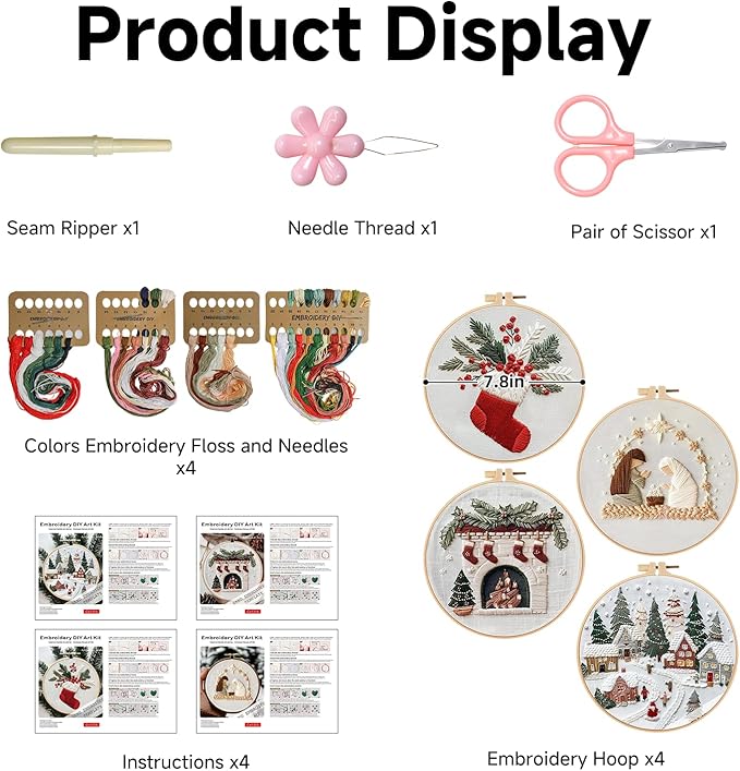 TPZBWG Christmas Embroidery Kit, 4 Pack Cross Stitch Kits,DIY Embroidery Starter Kit for Adults & Beginners, DIY Needlepoint Kit with Embroidery Hoop Thread Needle for Craft Lover Birthday Gifts 2