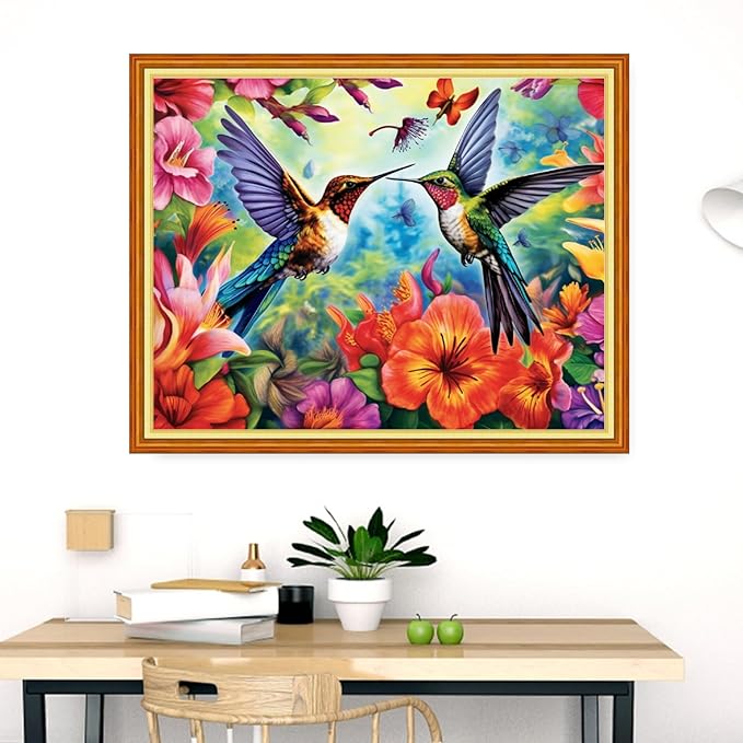 Dimensean Stamped Cross Stitch Kits Full Range of Embroidery Patterns Starter Kits for Beginners Adult DIY Cross Stitches Needlepoint Kits 11CT-Hummingbird Flowers 16x20 inch