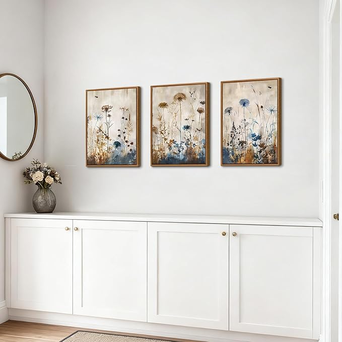 WENGTIAO 3Pcs Vintage Framed Canvas Wall Art Prints Flowers Posters Pictures Boho Brown Blue Blooms Paintings Nature Floral Botanical Artwork for Living Room Bedroom Bathroom Office 12x16x3