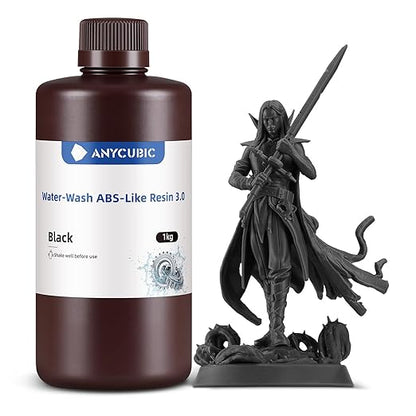 ANYCUBIC Water Washable ABS-Like Resin 3.0, 3D Printer Resin, High Toughness and High Precision, Easy to Post-Process, Low Odor, Wide Compatibility for All LCD 3D Printers (Black, 1kg)