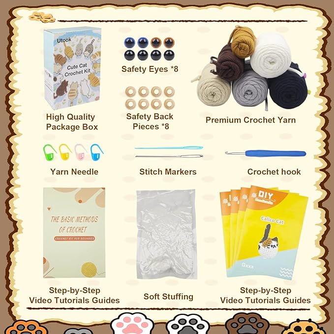 Utook Crochet Kit for Beginners, 4-Pack Crochet Animal Kit,Crochet Kits for Beginners Adults and Children, with Instructional Videos and Paper tutorials, Handmade Crafts, Holiday Gifts (Cat Family)