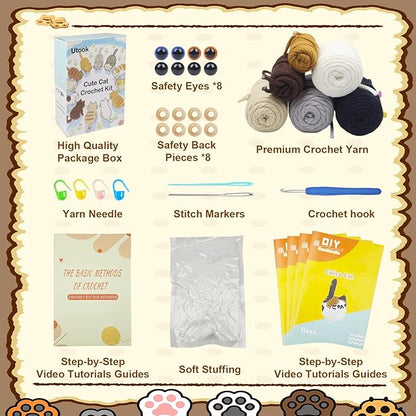 Utook Crochet Kit for Beginners, 4-Pack Crochet Animal Kit,Crochet Kits for Beginners Adults and Children, with Instructional Videos and Paper tutorials, Handmade Crafts, Holiday Gifts (Cat Family)