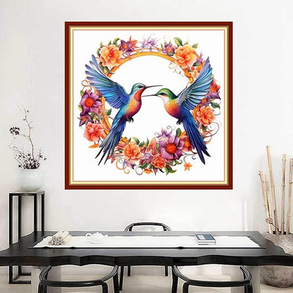 Joyhoor Stamped Cross Stitch Kits for Beginners Needlepoint Kits for Adults Embroidery Kits 11CT Counted Cross Stitch Kits Printed Embroidery Pattern-Wreath Hummingbird 18x18 inchs