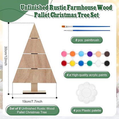 Soaoo 8 Pcs Christmas Standing Wood Pallet 11.81" x 7.48" Christmas Tree Unfinished DIY Wooden Ornaments Kit Rustic Wooden Crafts 12 Colors Pigment Palettes and Paint Brushes