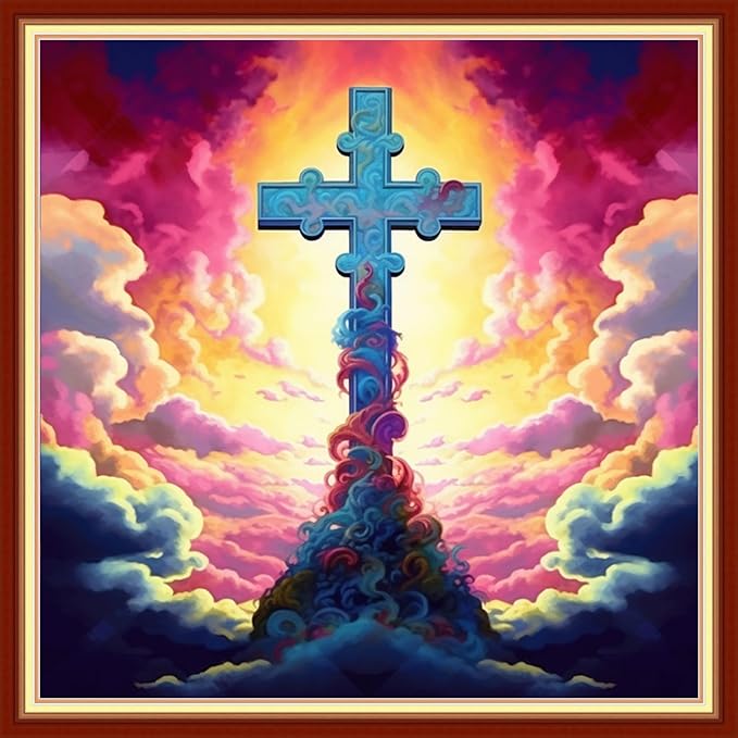 Disxvivy Cross Stitch Stamped Full Embroidery Kits DIY 11CT Cotton Thread Printed DIY Needlepoint Kits Craft Needlework Set Cross-Stitch Stamped Sets-Colorful Cross 18x18 inch