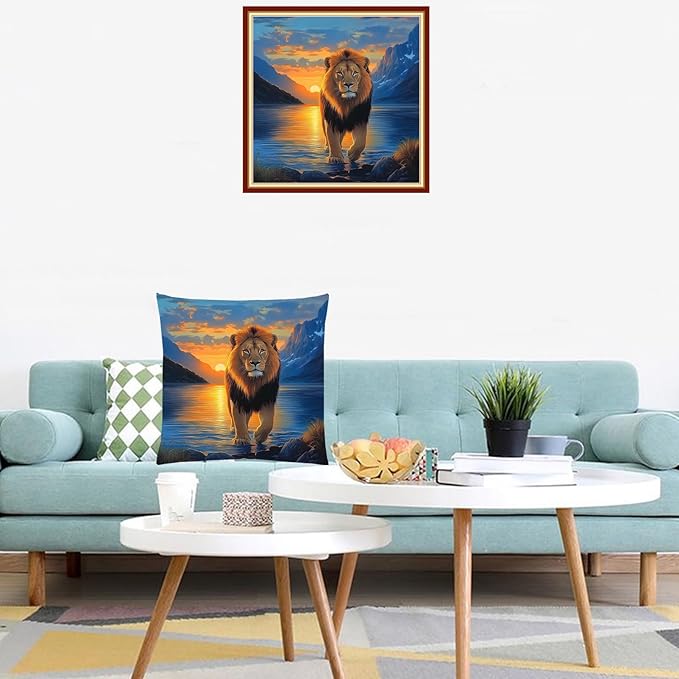 Lovxvouy Pillow Cross Stitch Kits for Adults Beginners-Preprinted Needlepoint Kit Stamped Crossstitching Kits 11CT Cross-Stitch Kit Stitches Kit Embroidery Kits-Sunrise Lion18x18 inchs