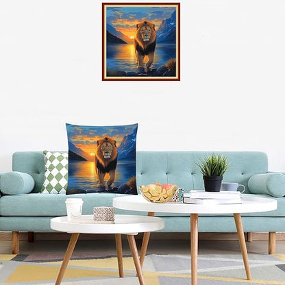 Lovxvouy Pillow Cross Stitch Kits for Adults Beginners-Preprinted Needlepoint Kit Stamped Crossstitching Kits 11CT Cross-Stitch Kit Stitches Kit Embroidery Kits-Sunrise Lion18x18 inchs