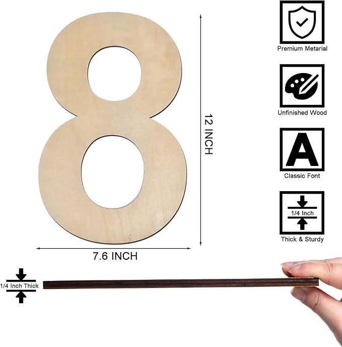 12 Inch Wooden Number 8, 1/4 Inch Thick Large Unfinished Wood Number for Home Wall Decor, DIY Crafts
