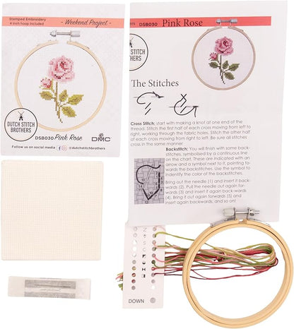 DUTCH STITCH BROTHERS - Rose Counted Cross Stitch 4" Hoop and Pattern Included - Cross Stitching Kits for Adults Advanced and Beginners