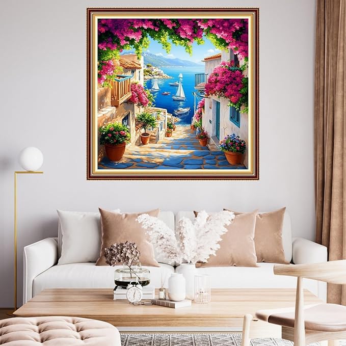 Funart Stamped Cross Stitch Kits for Beginners Full Range of Cross Stitching Preprinted Embroidery Kits for Adults, 11CT Embroidery Pattern Needlepoint Kits-Seaside Flower Street 18x18 inch