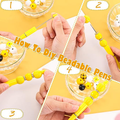 Geyee 12 Set Plastic Beadable Pens Assorted Bead Pens Crystal Wood Round Spacer Set Black Ink DIY Ballpoint for Women Men Gift Office Supplies(Bee)