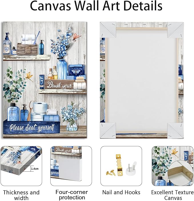 WANGTIAO Navy Blue Shelf Pattern Bathroom Canvas Wall Art Rustic Grey Wood Grain Wall Paintings Please Seat Yourself Sign Prints Pictures Vintage Aesthetic Bathroom Poster Artwork Home Decor 16"x24"