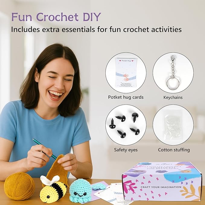 JC CRAFT Deluxe Beginner Crochet Kit – 116-Piece Set with 20 Yarns, Ergonomic Hooks, Accessories, Book for Beginners & Online Tutorial – DIY Starter Kit for Adults & Teens with Purple Bag & Case