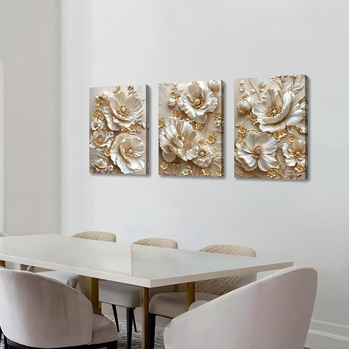 3 Pcs Modern Beige Gold Peony Floral Canvas Wall Art, Neutral Elegant 3d Beige Flowers Wall Painting White Blooming Floral Pictures Posters Art Print Home Decor for Bedroom Living Room Office 20"x28"x3