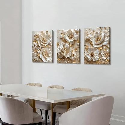 3 Pcs Modern Beige Gold Peony Floral Canvas Wall Art, Neutral Elegant 3d Beige Flowers Wall Painting White Blooming Floral Pictures Posters Art Print Home Decor for Bedroom Living Room Office 20"x28"x3
