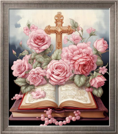 Leczany Cross Stitch Stamped Kit for Adults - Rosa Crux | DIY Embroidery Starter Patterns Craft Kit Needlepoint for Beginner | 11CT, 3 Strands | 15.8x18.1 inches