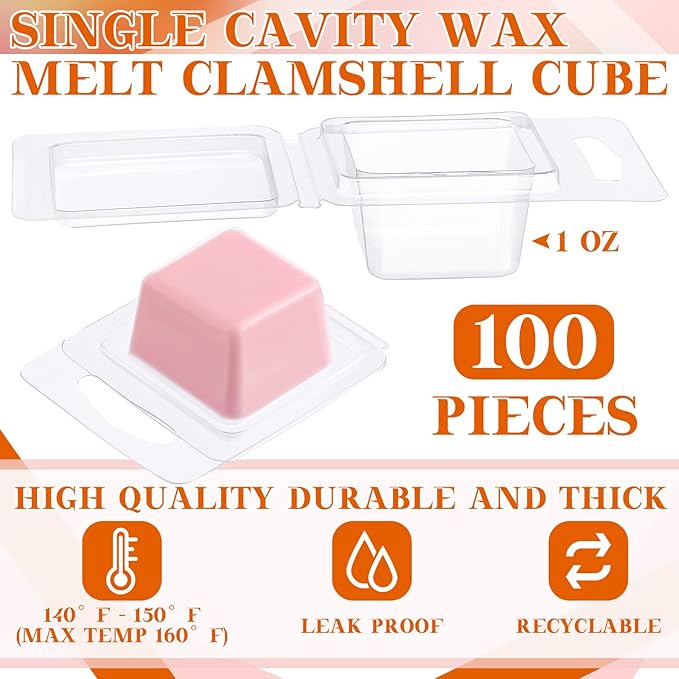 Wesiti Wax Melt Molds Clear Empty Plastic Wax Melt Clamshells Container Pet Single Cube 1 oz Candle Molds for DIY Chocolates Wickless Candles Soap Making(100 Pcs)