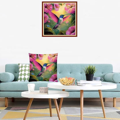 Lovxvouy Pillow Cross Stitch Kits for Adults Beginners-Preprinted Needlepoint Kit Stamped Crossstitching Kits 11CT Cross-Stitch Kit Stitches Kit Embroidery Kits-Hummingbirds collect honey 18x18 inchs