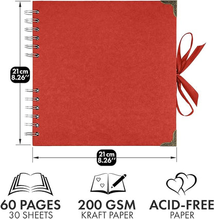 Bstorify Square Scrapbook Photo Albums 8 x 8 Inch Red Thick Paper, Hardcover, Metal Corners, Ribbon Closure - Ideal for Your Scrapbooking Albums, Art & Craft Projects