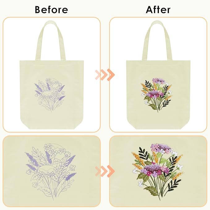 ERKOON Canvas Tote Bag Embroidery Kit for Beginners, Floral Arts Crafts Cross Stitch Kits for Adults Including Stamped Embroidery Bag with Hoops, Needle, Instruction and Color Threads(Colorful Time)