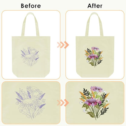 ERKOON Canvas Tote Bag Embroidery Kit for Beginners, Floral Arts Crafts Cross Stitch Kits for Adults Including Stamped Embroidery Bag with Hoops, Needle, Instruction and Color Threads(Colorful Time)