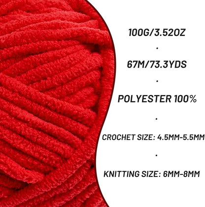 Chunky Chenille Yarn for Crocheting，Baby Yarn for Crocheting Soft Blankets，Bulky Yarns for Crochet Amigurumi，100g (74.3yds) Fluffy Velvet Yarns for Hand Knitting (Red)