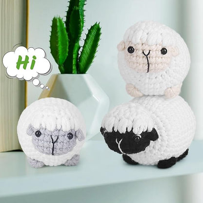 Crochet Kit for Beginners, Crochet Starter Kit with Step-by-Step Video Tutorials, Amigurumi Crochet DIY Knitting Supplies for Teenagers Adults, 3-Pack Little Lambs (40%+ Yarn)