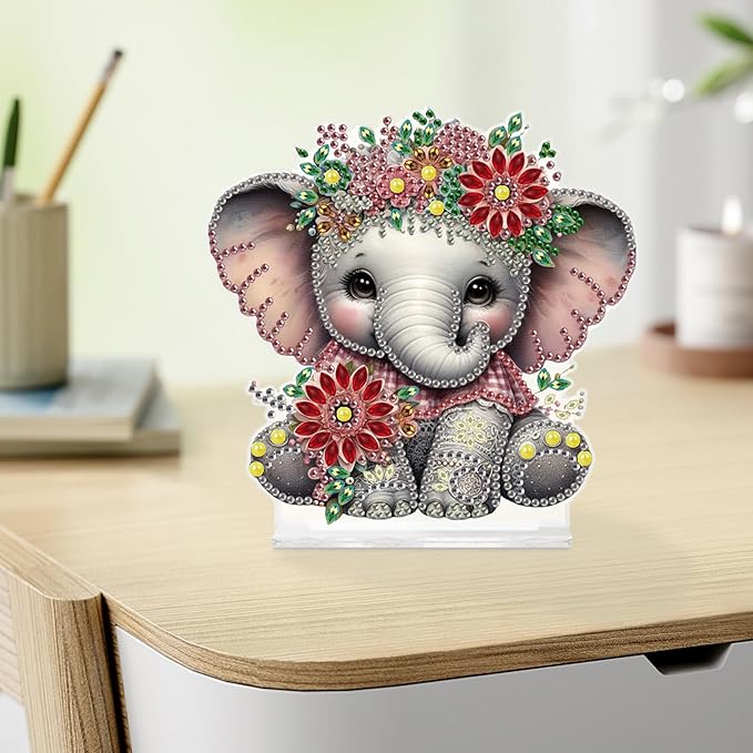 Tontut Diamond Painting Desktop Decoration, Flower Elephant 5D DIY Special Diamond Art Decoration Kits for Adults, Office Desktop or Christmas Holiday Arrangement Crafts