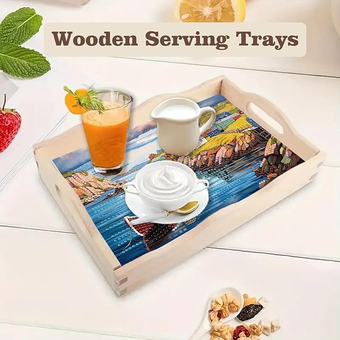 SHLUHA Diamond Art Kits for Adults Diamond Painting Wooden Serving Trays with Handle Food Tray for Party Breakfast Home Decor Gift