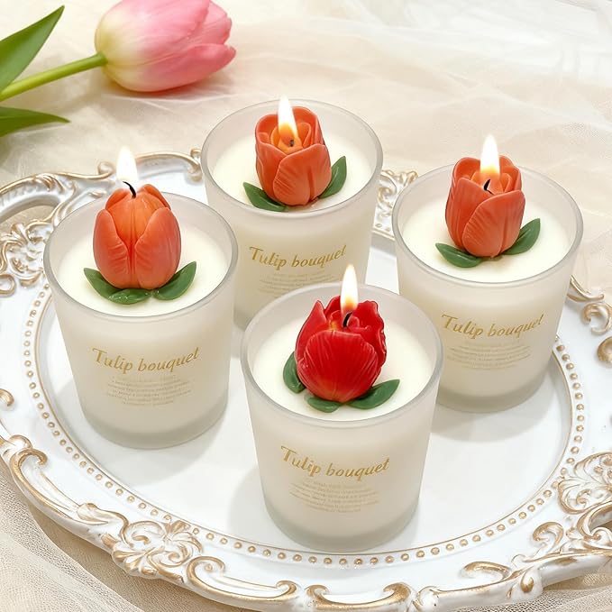 4 PCS Tulip Candle Molds with Leaf Mold, 3D Flower Silicone Molds for Candles Wax Soap Clay Plaster Epoxy Resin Home Decorations