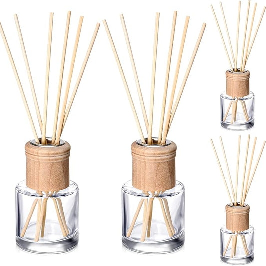 Roshtia 4 Set Reed Diffuser Bottle Empty Refillable Fragrance Glass Diffuser Bottles Set with Wooden Caps Sticks 50ml 1.7 oz Round Glass Jars for DIY Fragrance