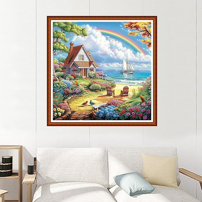 Joyhoor Stamped Cross Stitch Kits for Beginners Needlepoint Kits for Adults Embroidery Kits 11CT Counted Cross Stitch Kits Printed Embroidery Pattern- Seaside Homeland Scenery 18x18 inchs