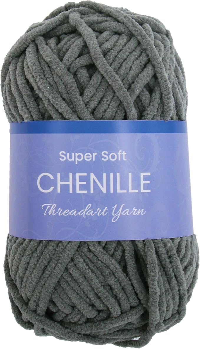 ThreadArt Chenille Yarn for Crocheting, Knitting, Amigurumi, Super Soft Plush Velvet Yarn - 50 Gram 60 yds #5 Fluffy Yarn Skeins - Dark Grey 15
