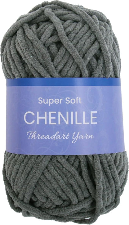 ThreadArt Chenille Yarn for Crocheting, Knitting, Amigurumi, Super Soft Plush Velvet Yarn - 50 Gram 60 yds #5 Fluffy Yarn Skeins - Dark Grey 15