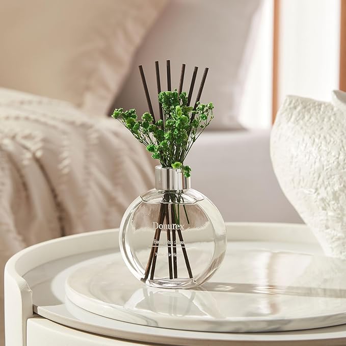 Donurex Flower Reed Diffuser Set 5.07oz Eucalyptus & Moss Scent Diffuser with Sticks Home Fragrance Reed Diffuser for Bathroom Shelf Decor