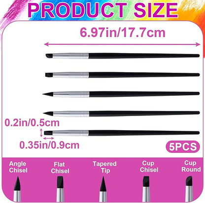 OIIKI 5pcs Silicone Paint Brush, Flexible Sculpting Shapers Brushes, Professional 5 Shape Tip Paint Pens DIY Tools for Painting Carving Pottery Clay Nail Art Handicraft- Black