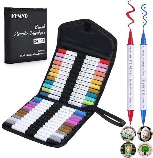 KEMYR 24 Colors Brush & Fine Tip Acrylic Paint Pens, Dual Tip Acrylic Paint Markers for Paper, Wood, Canvas, Stone, Rock, Glass, Fabric, DIY, Ceramic, Art Supplies for Adults Drawing