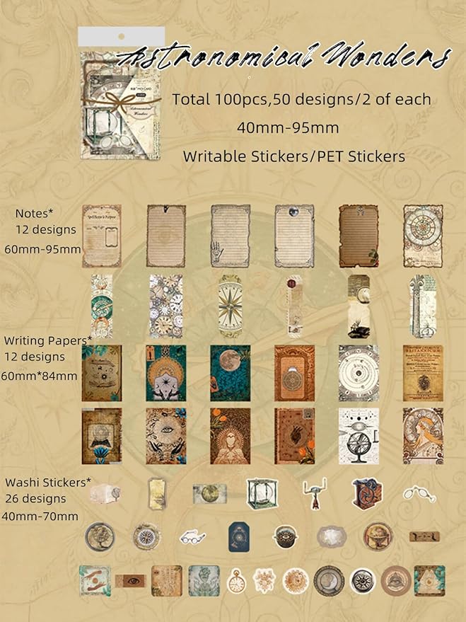 100PCS Vintage Journaling Scrapbooking Supplies Ephemera Pack for Junk Journal Planners Decoupage Paper Scrapbook Stickers Aesthetic Cottagecore Collage Craft Album (Astronomy)