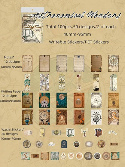 100PCS Vintage Journaling Scrapbooking Supplies Ephemera Pack for Junk Journal Planners Decoupage Paper Scrapbook Stickers Aesthetic Cottagecore Collage Craft Album (Astronomy)
