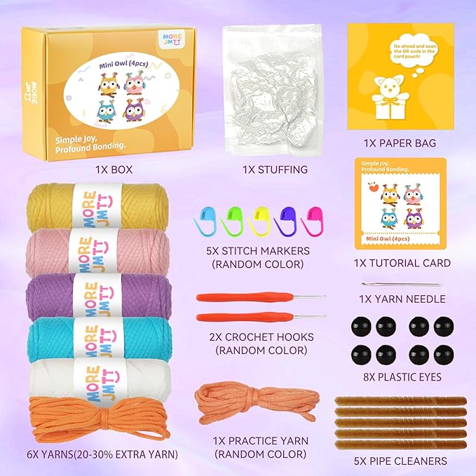 MOREJMTT Crochet Kit for Beginners, Crochet Animal Kits, Crocheting Kit for Starters, Learn to Crochet with Step-by-Step Video Tutorials, Beginner Crochet Kit for Adults(4 Pack owl)