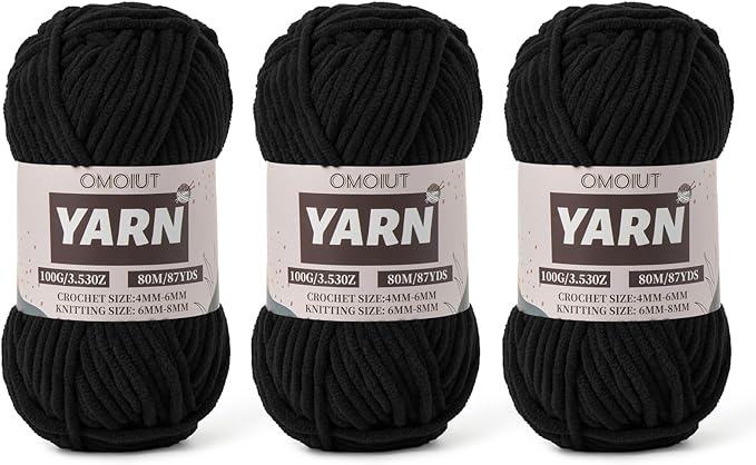 Fluffy Chenille Yarn for Crocheting - Baby Yarn for Crocheting Soft Blanket - 3 Pack of 100g/(87.4yds) Crochet Amigurumi Chunky Yarns - Super Bulky 5 Velvet Yarns (3 Black)