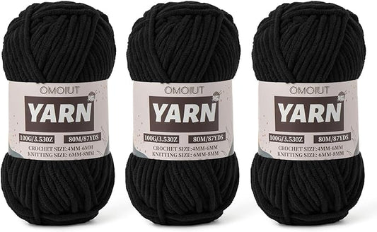 Fluffy Chenille Yarn for Crocheting - Baby Yarn for Crocheting Soft Blanket - 3 Pack of 100g/(87.4yds) Crochet Amigurumi Chunky Yarns - Super Bulky 5 Velvet Yarns (3 Black)